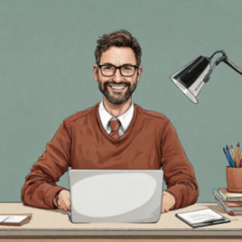 Illustration of bearded man in glasses sat at desk with laptop