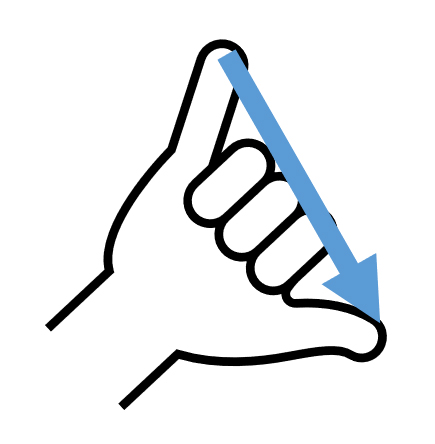 Graphic icon of hand making telephone sign with blue downwards arrow joining the little finger to the thumb