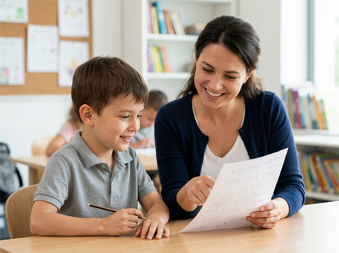 Child holding pencil with teacher