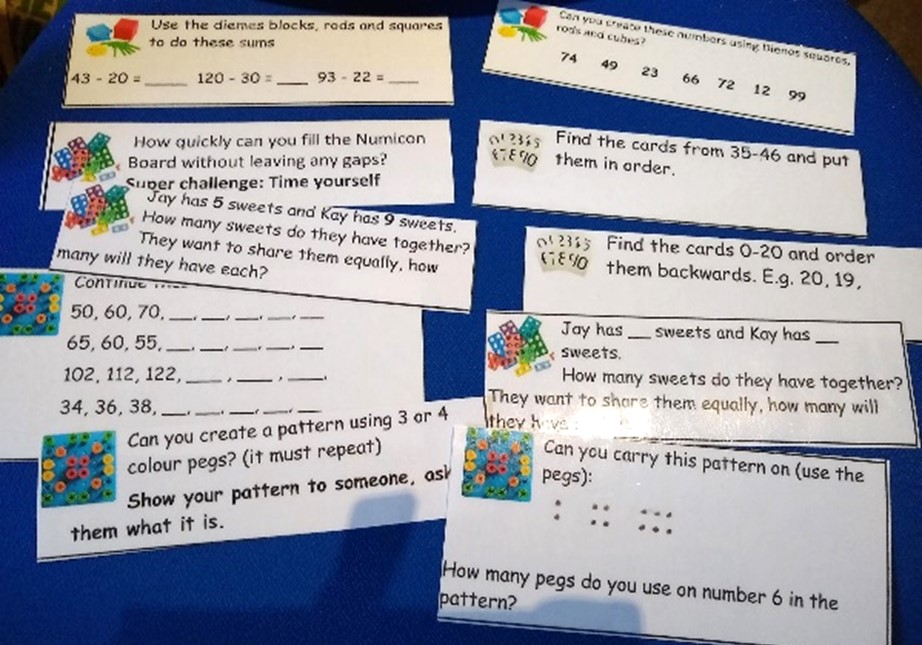 Picture 1 description: A set of activity cards with maths challenges related to ordinality, exploring pattern, and using manipulatives to solve problems.