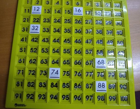 Picture 12 description: A plastic 100 square with removeable number tiles. There are braille labels over the top of the print numbers.