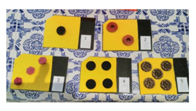 Picture 7 description: 1 – 5 number cards with different buttons representing the different numbers on a yellow background.