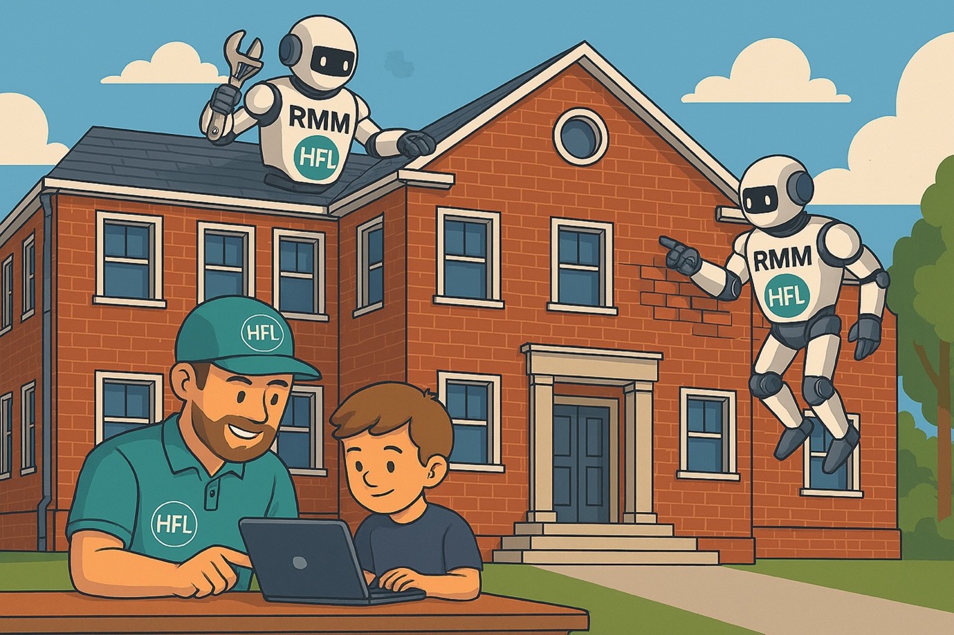 Cartoon HFL Employee with child sat outside of a school which has floating robots around it