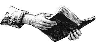 Illustration lithograph of hands holding a book