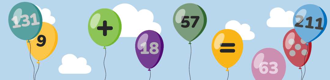 Graphic illustration of balloons with maths symbols on them on a blue sky