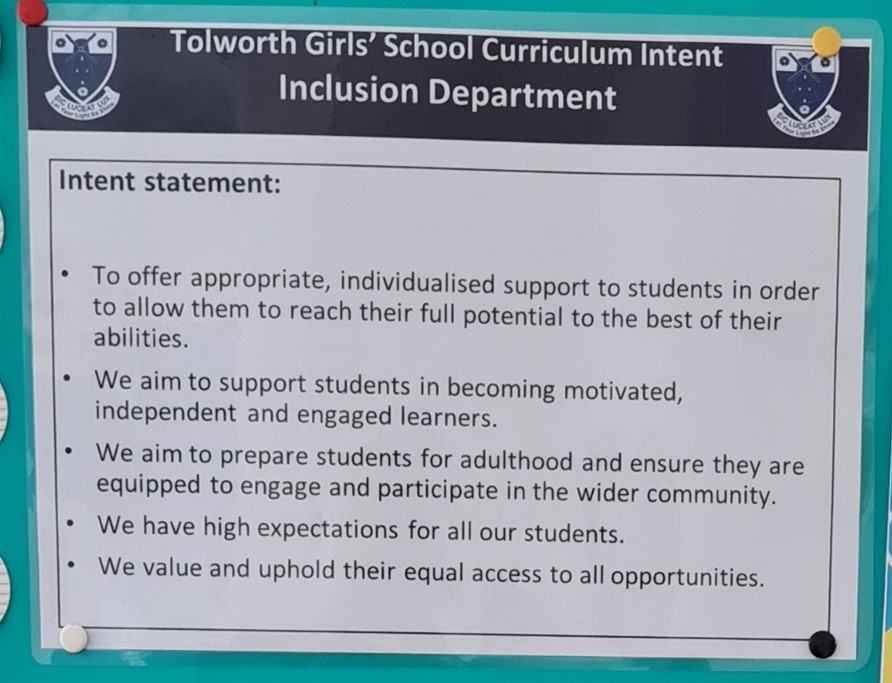 "Tolworth Girl's School Curriculum Intent Inclusion Department"