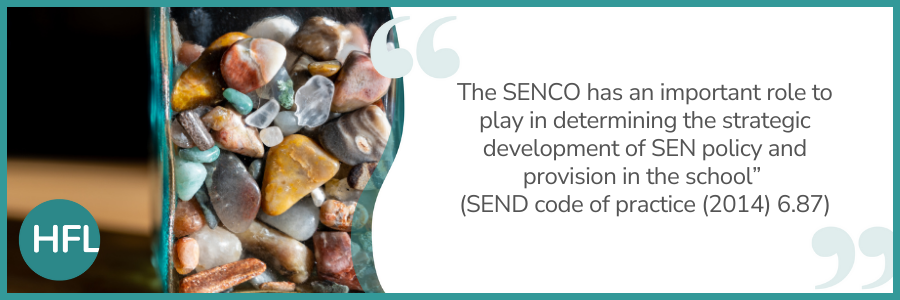 “The SENCO has an important role to play in determining the strategic development of SEN policy and provision in the school” (SEND code of practice (2014) 6.87)"