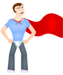 Graphic of man in red cape and underpants on outside of trousers 