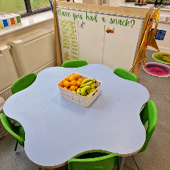 Fruit on white table surrounded by green chairs