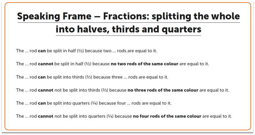 "Speaking frame - fractions: splitting the whole into halves, thirds and quarters"