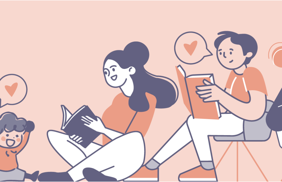 Illustration of people reading books together