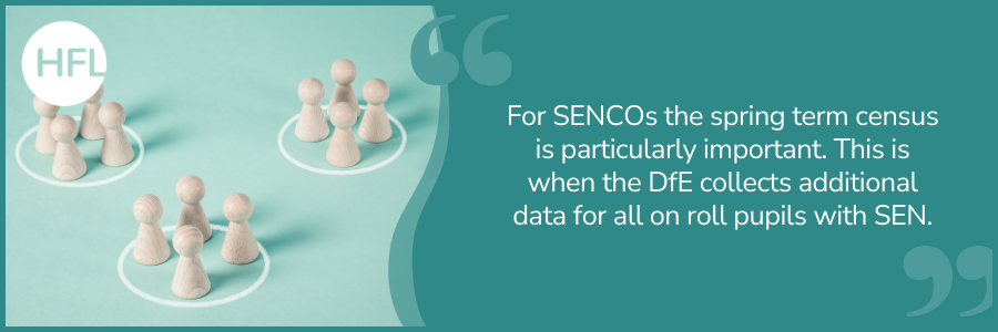 “For SENCOs the spring term census is particularly important. This is when the DfE collects additional data for all on roll pupils with SEN.”