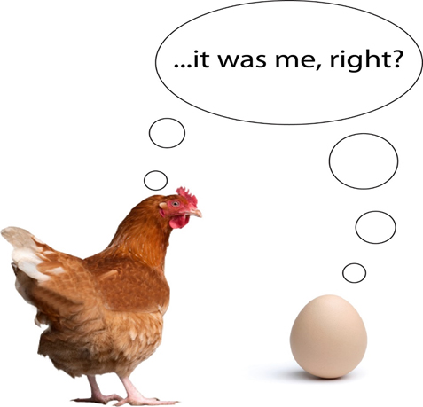 A chicken questioning an egg if it was the one which came first