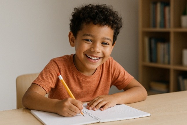 Happy child holding a yellow pencil and writing in a book