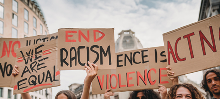 "End racism" placards at a rally