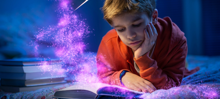 Purple mist coming out of open book as child looks on
