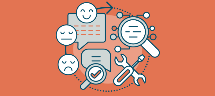 Illustrated magnifying glasses, speech bubbles and tools with a mix of happy and sad faces on orange background