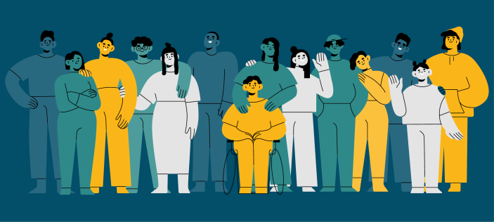 yellow, blue, green people 