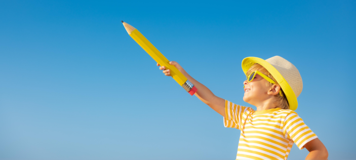 Bot holding large pencil at the sky