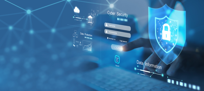 Blue cyber space with a finger pointing at a login box adjacent to an image of a padlock