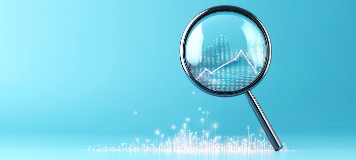 magnifying glass over graph on blue background