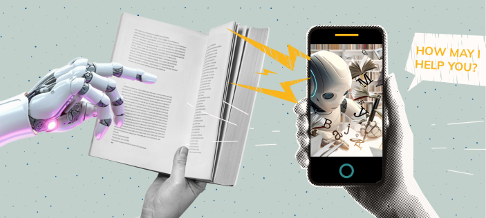 Robot hand pointing to words on a page with a human hand holding a phone which has a picture of a robot on it