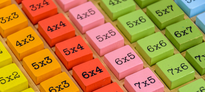 List of multiplication exampls of different coloured squares