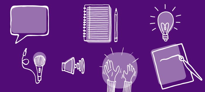 Purple images of writing and light bulb