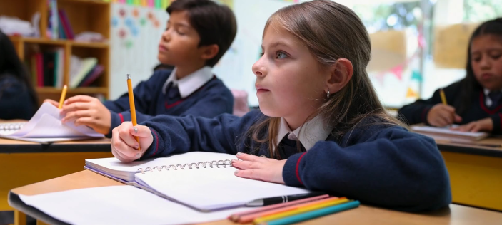 Girl in blue uniform sat at desk with yellow pencil in her hand