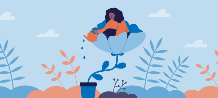 Illustration of a person sat in a flower watering plants