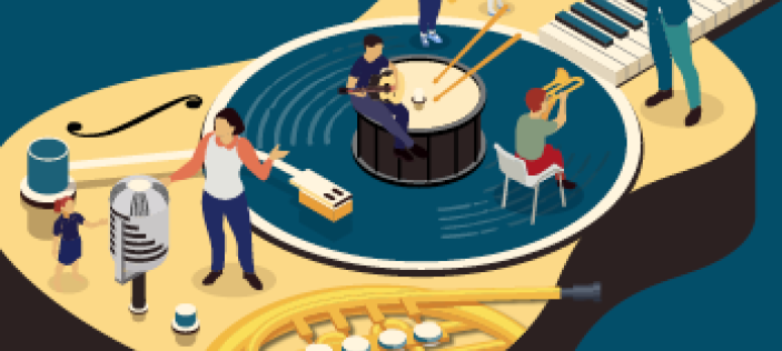 Acoustic guitar with small illustrated people on its surface, on a blue background