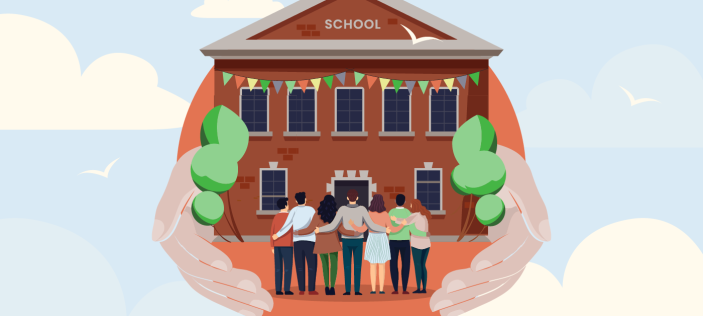 Graphic illustration of pupils stood outside a school building