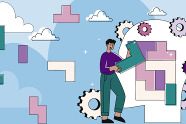 Illustration of a character holding a shape with a background of a white head, cogs and other shapes