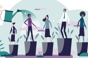 Graphic illustration of people stood in pots being watered