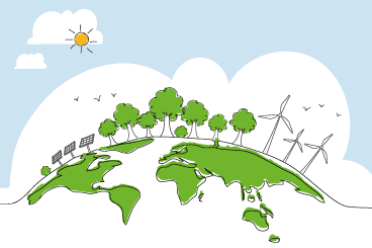 Cartoon drawing of Earth with green continents, blue skies, windfarms, trees and sun