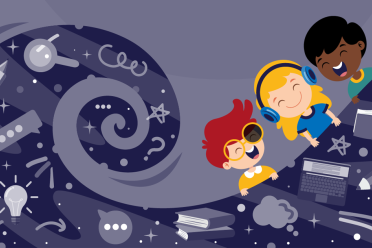 Illustration of children riding magical pencil 