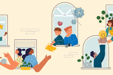 Illustration of characters passing each other objects through windows 