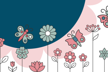 Large blue semi-circle with lots of flowers and butterflies 