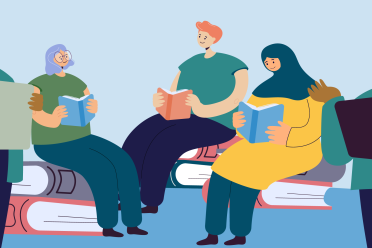 Illustrated characters reading