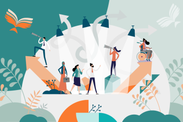 Graphic illustration of birds, lights and people