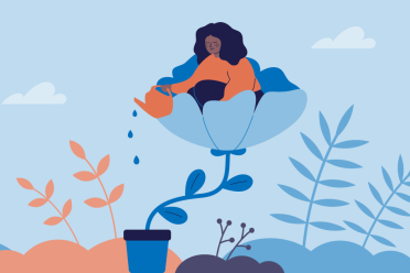 Graphic illustration of person sitting inside of a flower