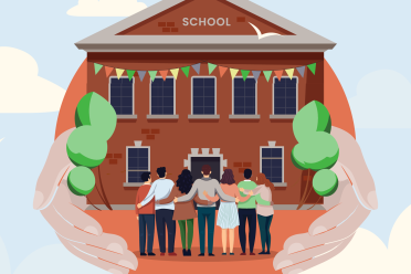 people holding hands in front of a school