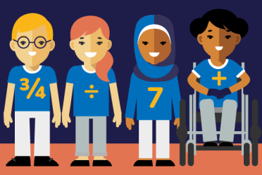 Illustrated characters with mathematical symbols on their shirts