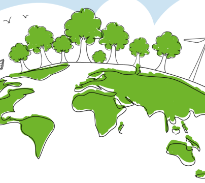 Sustainability conference Cartoon drawing of Earth with green continents, blue skies, windfarms, trees and sun