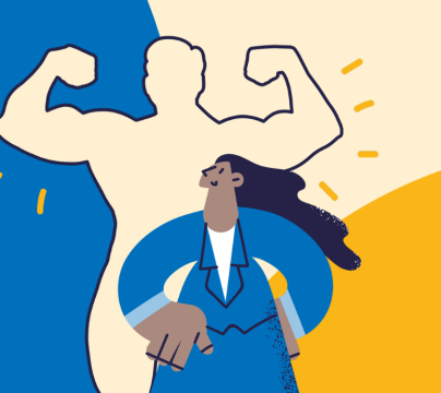 The 2023 Hertfordshire Primary Headteachers' Conference Graphic illustration of strong person silhouette stood behind female character with harmonious block colours behind them