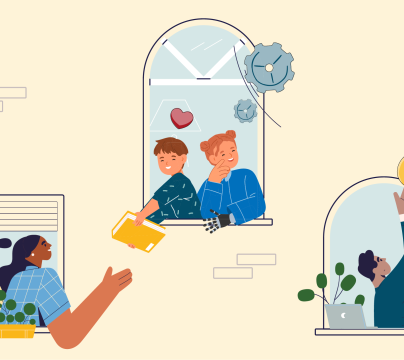 Illustration of characters passing each other objects through windows 