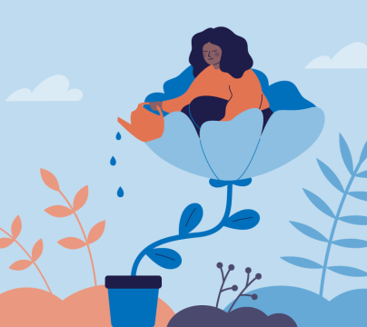 Graphic illustration of person sitting inside of a flower
