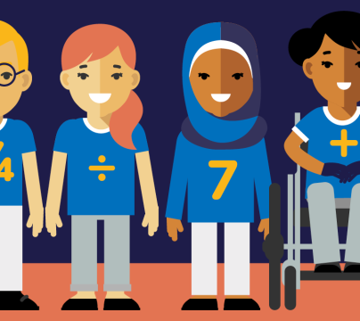 Illustrated characters with mathematical symbols on their shirts