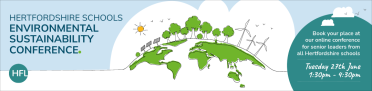 Cartoon drawing of Earth with green continents, blue skies, windfarms, trees and sun with conference details in text