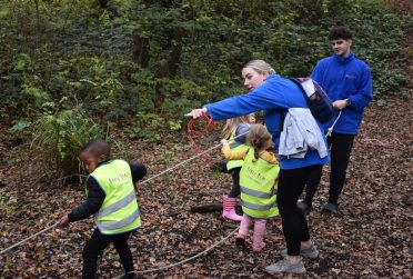 School children being supervised in woodland activities